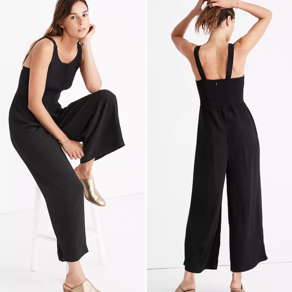 Madewell smocked button front black jumpsuit 4